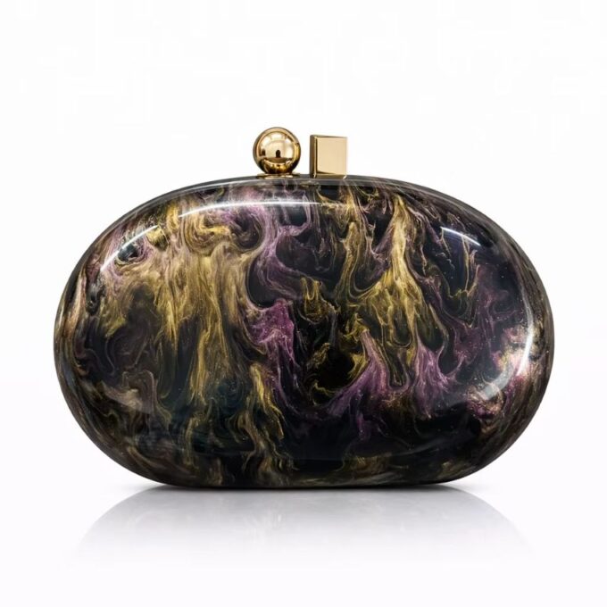 Women’s Acrylic Marble Clutch Bag with Chain Strap – Luxury Evening Party & Wedding Handbag Black