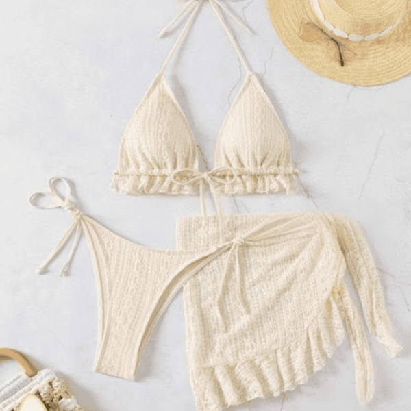 Untitled design (14) Women’s 3-Piece Halter Bikini Set with Ruffle Detail – Underwire Swimwear with Matching Skirt Cover-Up