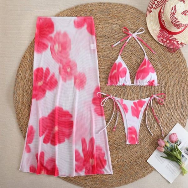 Untitled design (43) Women’s 3-Piece Halter Bikini Set – V-Neck Underwire Swimwear with Floral Design - Blue