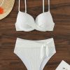 Women’s 2-Piece High-Waist Bikini Set – Plunge Neck Underwire Swimwear - White