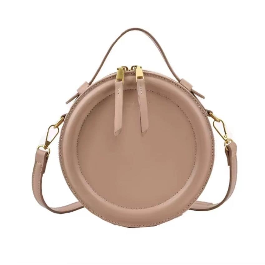 Retro Round PU Leather Shoulder Bag – Women’s Adjustable Crossbody - Handbag with Chain Detail - Khaki