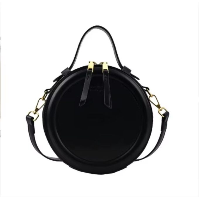 Retro Round PU Leather Shoulder Bag – Women’s Adjustable Crossbody - Handbag with Chain Detail - Black