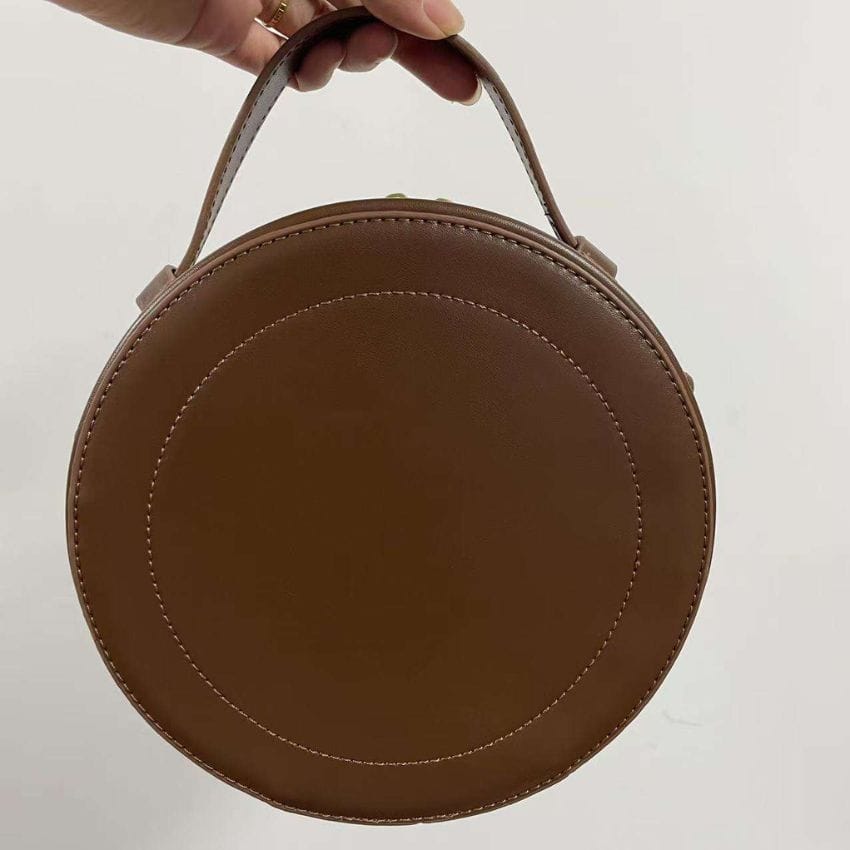 Retro Round PU Leather Shoulder Bag – Women’s Adjustable Crossbody - Handbag with Chain Detail - Khaki - Image 5