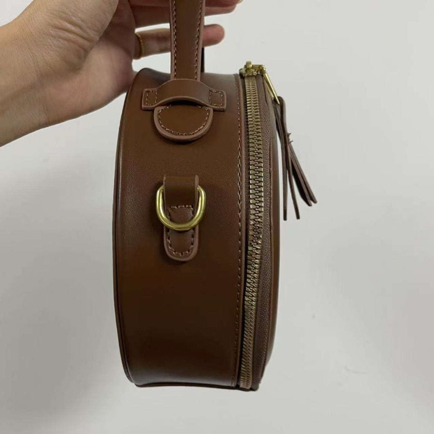 Retro Round PU Leather Shoulder Bag – Women’s Adjustable Crossbody - Handbag with Chain Detail - Khaki - Image 4