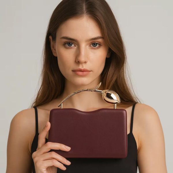 6 Women’s PU Leather Crystal Clutch Bag with Chain Strap – Luxury Wedding & Party Evening Handbag - Wine