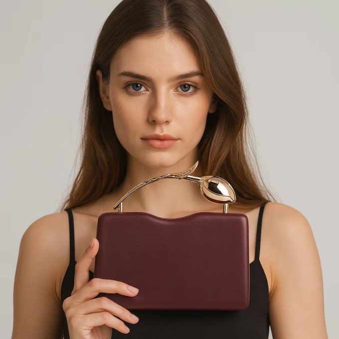 Women’s PU Leather Crystal Clutch Bag with Chain Strap – Luxury Wedding & Party Evening Handbag - Wine