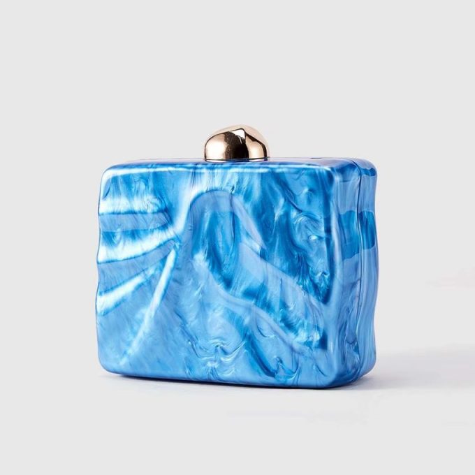 Women’s Acrylic Crystal Clutch Bag with Chain Strap – Pearl & Rhinestone Wedding Party Handbag - Blue