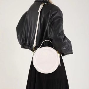 Retro Round PU Leather Shoulder Bag – Women’s Adjustable Crossbody - White Handbag with Chain Detail White