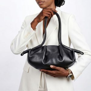 Women’s Black Soft PU Leather Slouchy Shoulder Bag – Minimalist Large Capacity Handbag Bag