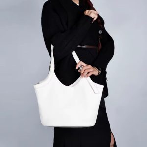 Women’s White PU Leather Casual Tote Shoulder Bag – Foldable Lightweight Travel Handbag Bag