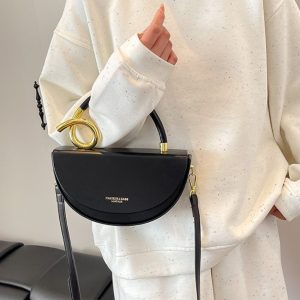 Luxury High-End Women's Saddle Shoulder Bag Handheld Single PU Bag - Black