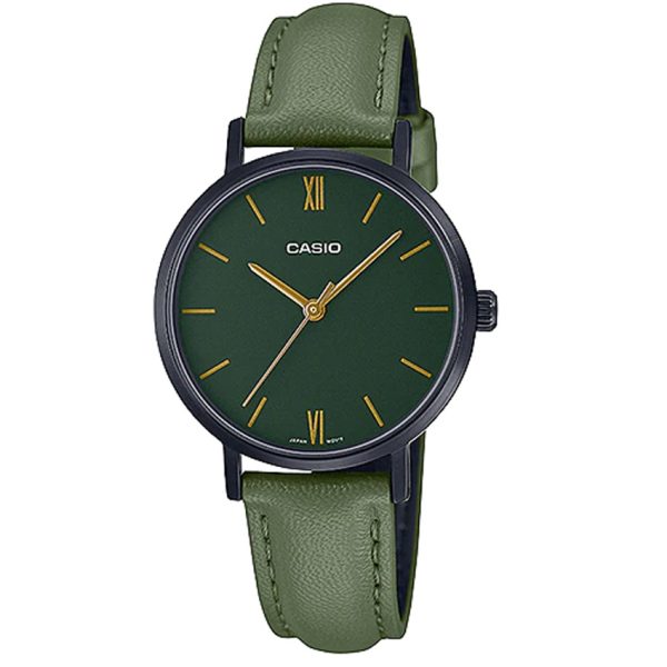 LTP-VT02BL-3AUDF Casio LTP-VT02BL-3AUDF Women’s Green Dial, Leather Small Analog Watch